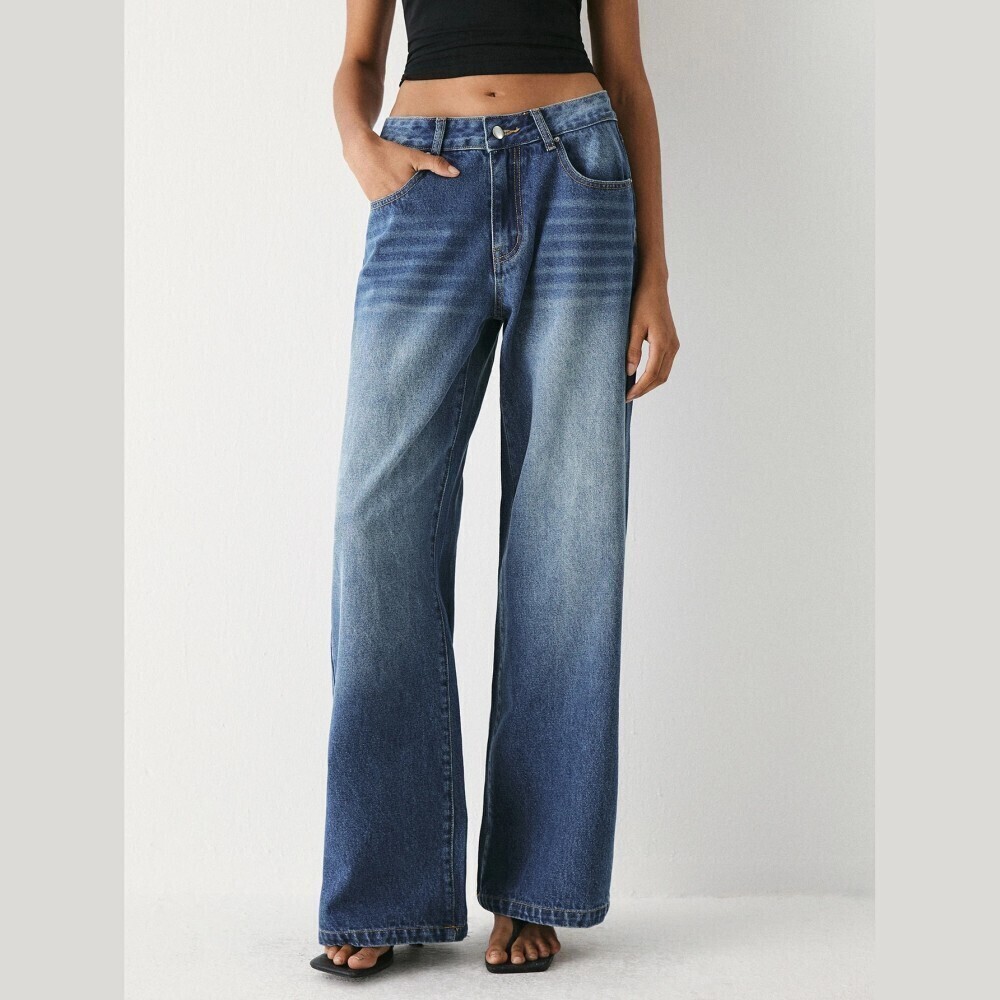 Medium Wash Whiskered Wide Leg Extra Long Jeans